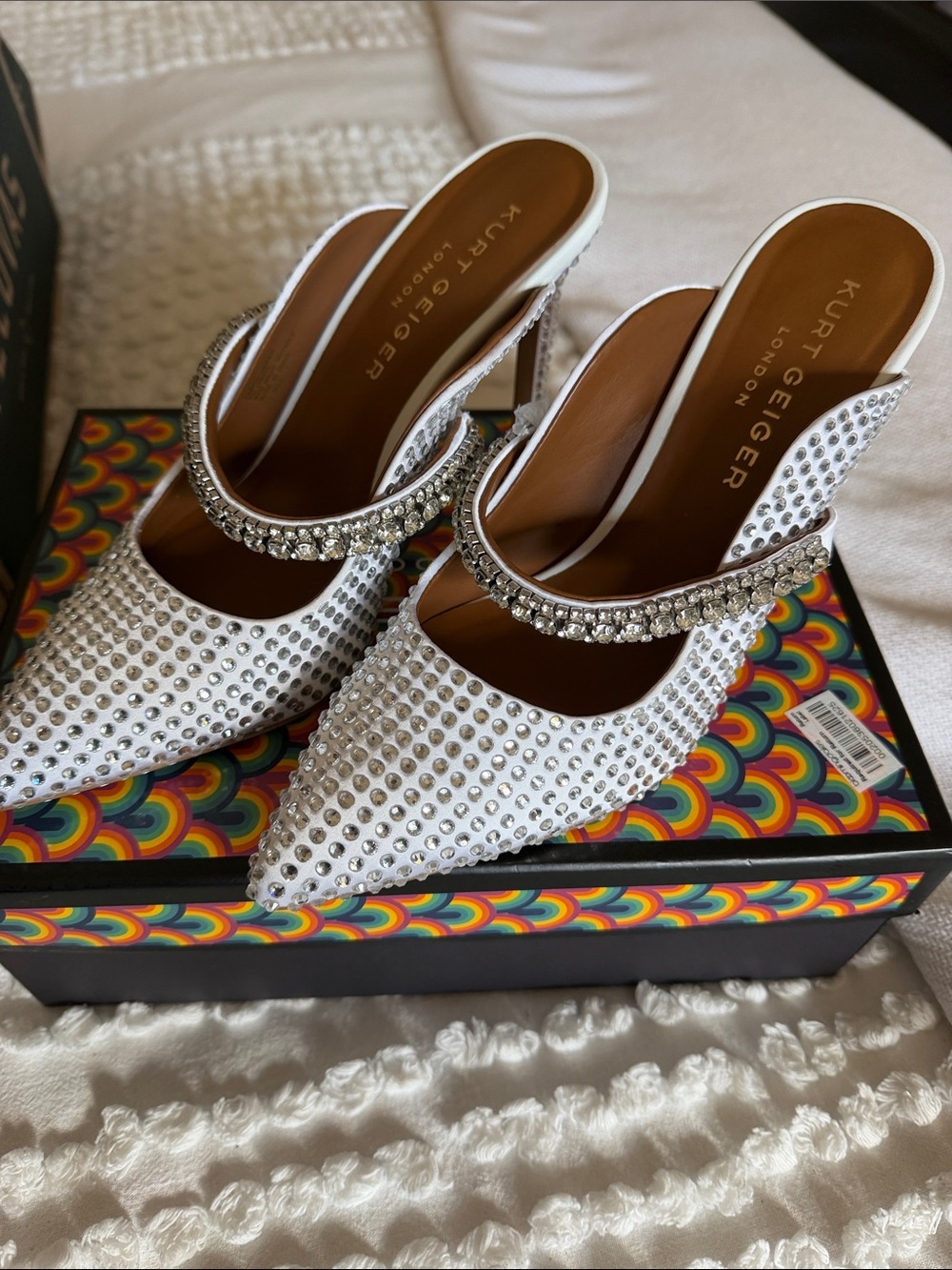 Brand new with box Kurt Geiger White Crystal-Embellished Pointed Mules